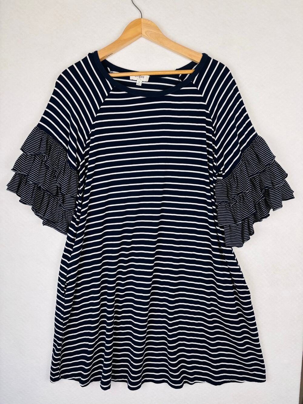Umgee T-shirt Dress Sz Med Stripe Ruffle Sleeve Knit Medium Boho Casual Vacation